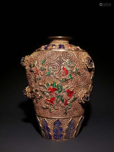 A Chinese Gilt Silver Enameling Blue Floral Vase