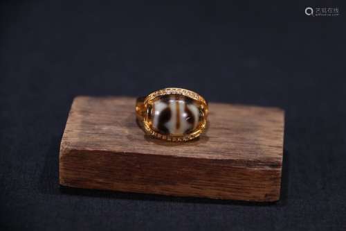 Pair Of Chinese Gilt Bronze Ring With Dzi