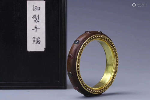 A Chinese Agarwood Bangle Embeded Tourmaline