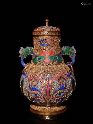 Pair Of Chinese Gilt Bronze Enameling Blue Beast Vase