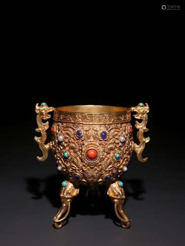 A Chinese Gilt Bronze Dragon Vessel