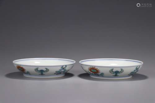 Pair Of Chinese Porcelain Doucai Floral Plates