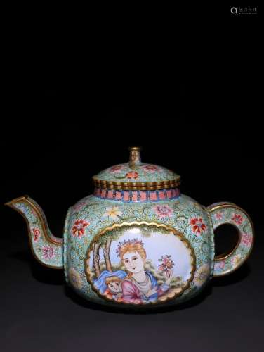 A Chinese Bronze Enameled Figure Teapot