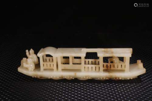 A Chinese Hetian Jade Figure-Story Ship Ornament
