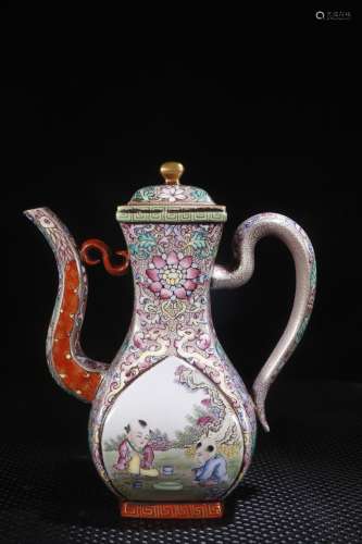 A Chinese Zisha Teapot Of Enameled Figure