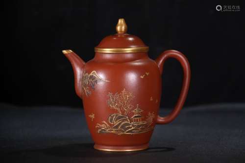 A Chinese Zisha Teapot Of Gold Landscape