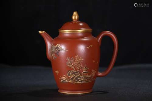 A Chinese Zisha Teapot Of Gold Landscape