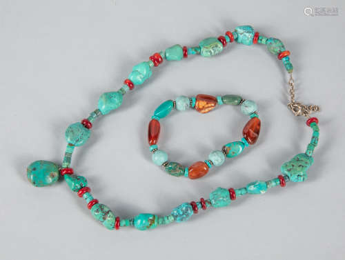 Designed Turquoise and Agate Necklace and Bracelet Set