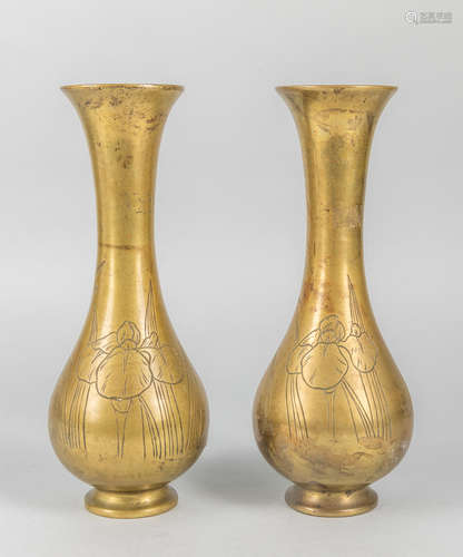 Pairs Japanese Taisho Carved Brass Vase