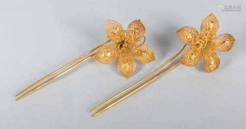 Pair of Chinese Gold on Silver Hair Pins