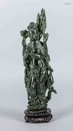 Tall Chinese Spinach Jade Carved Guanyin