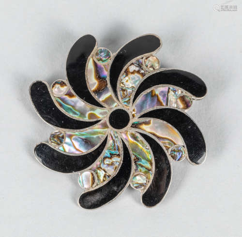 Designed Pearl Onyx Taxco Swirl Brooch