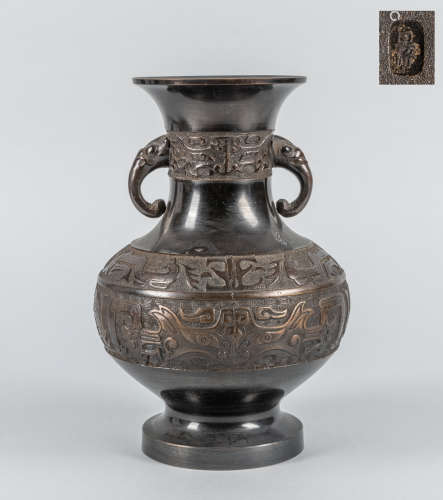 Japanese Taisho Carved Bronze Cabinet Vase