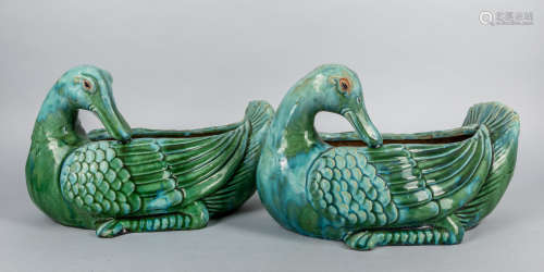 Pair of Chinese Green Glazed Porcelain Ducks