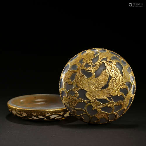 CHINESE LIAO DYNASTY PURE GOLD BOX INLAID AGATE