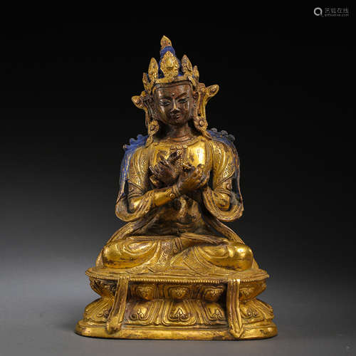 ANCIENT CHINESE GILT BRONZE SEATED BUDDHA