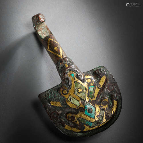 CHINESE WARRING STATES PERIOD BRONZE BELT HOOKS  INLAID WITH GOLD AND TURQUOISE