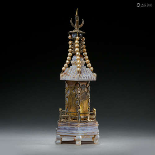 CHINESE LIAO DYNASTY RELIC STUPA INLAID WITH AGATE, SILVER GILT, PEARLS