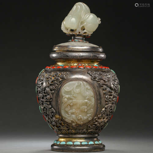 CHINESE MING DYNASTY FINE SILVER VASE INLAID HETIAN JADE