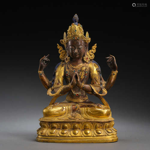CHINESE QING DYNASTY PARTIAL GILT SEATED BUDDHA FIGURE