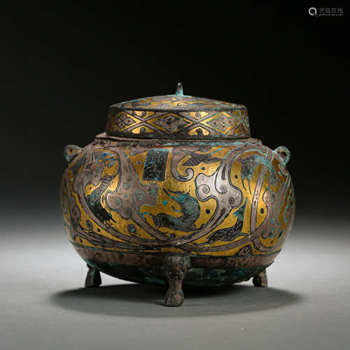 CHINESE HAN DYNASTY BRONZE POT INLAID WITH GOLD AND SILVER