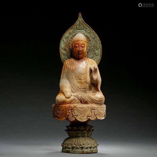 ANCIENT CHINESE HETIAN JADE BUDDHA SEATED STATUE