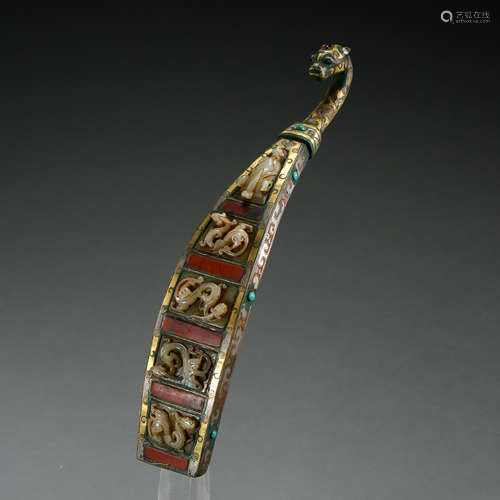 CHINA WARRING STATES PERIOD BELT HOOK INLAID WITH GOLD , SILVER, HETIAN JADE, AND AGATE