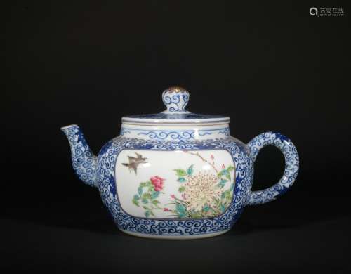 Qing dynasty blue-and-white flower and bird medallion teapot