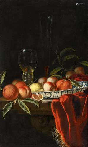 Hendrik van StreekStillleben mit Römer, Flötenglas und einer mit Früchten gefüllten Wan-L
