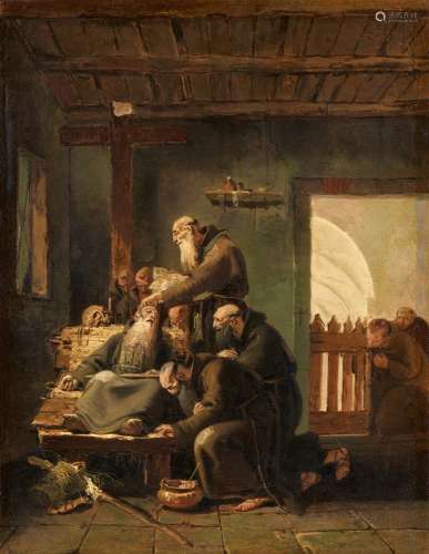 Giovanni Battista TiepoloInnenraum mit Kapuzinermönchen am Sterbebett eines Ordensbruders/b