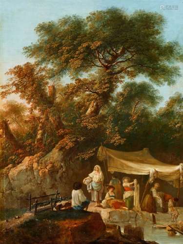 Jean-Baptiste PillementWäscherinnen bei einem Fluss in bewaldeter Landschaft