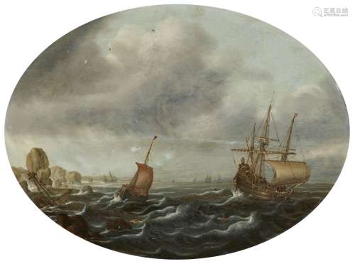 Justus de VerwerSchiffe vor Felsenküste auf stürmischer See
