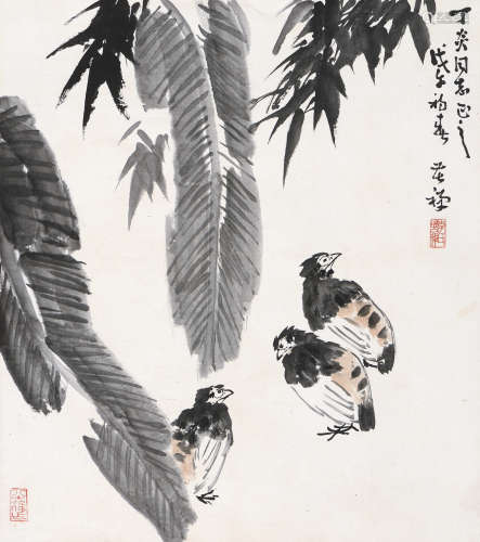 李苦禅（1898～1983） 戊午（1978年）作 蕉荫鴳鹑 镜心 设色纸本