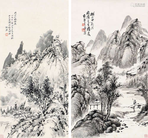 金渠（1878～1958）陶澐（1911～2004） 山水 （一组两件） 立轴两幅 水墨纸本