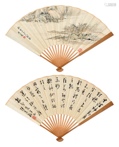 吴大澂（1835～1902）张克龢（1808～1959） 山水 草书 成扇 设色纸本/水墨纸本