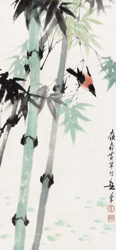 黄幻吾（1906～1985） 竹雀 立轴 设色纸本