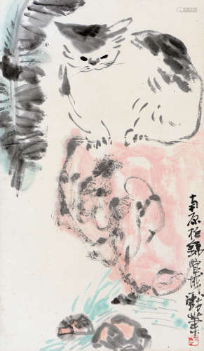 陈子庄（1913～1976） 猫趣图 立轴 设色纸本