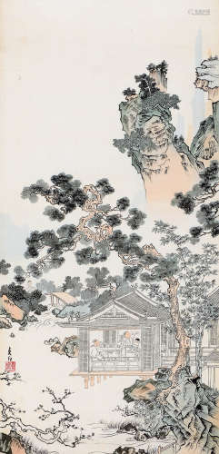 高贞白（1906～1992） 楼阁高士图 立轴 设色绢本