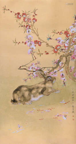 刘悦笙（1941～2007） 乙卯（1975年）作 桃花玉兔 镜心 设色纸本