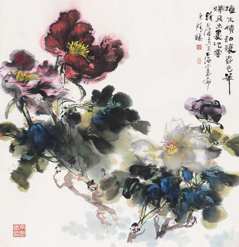 钱行健（b.1935） 五彩牡丹 立轴 设色纸本