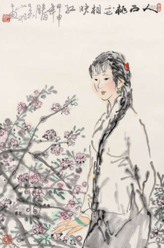 吴山明（b.1941） 甲申（2004年）作 人面桃花相映红 立轴 设色纸本