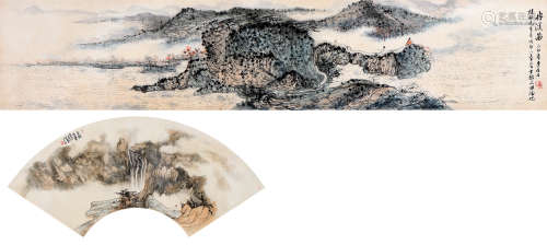 李柱石（1919～1992） 乙卯（1975年）作 / 己未（1979年）作 山水 （一组两件） 镜心、扇页 设色纸本