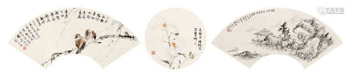 刘秉衡（1915～2003）何道根（1943～2008）陈丙光（b. 1938） 己未（1979年）作 山水 花卉 柳雀 镜心（扇面三挖） 设色纸本