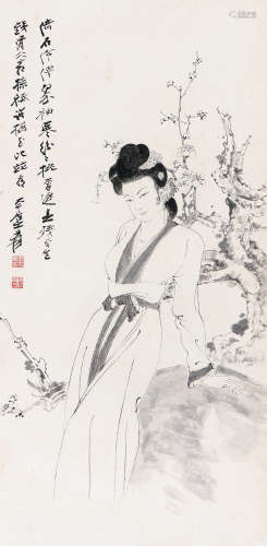 张大千（1899～1983） 桃花仕女 立轴 水墨纸本