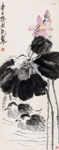 齐白石（1863～1957） 荷塘鸳鸯 立轴 设色纸本
