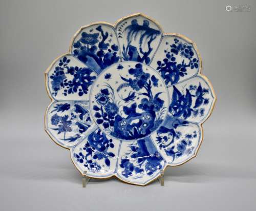 Flower shaped Blue and White Dish with Grasshopper