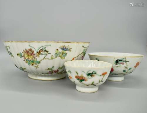 Group of Famille Rose Insect bowls and cups