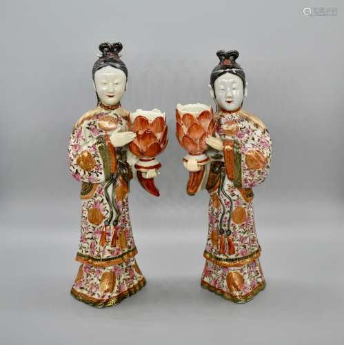 Pair of Famille Rose Candlestick holders