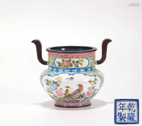 Enamels Bird and Flower Censer from Qing清代画珐琅花鸟香炉