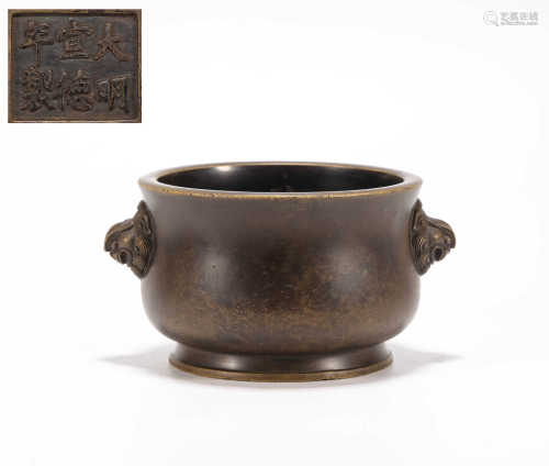 copper beasts design censer from Ming明代铜质双兽钮香炉